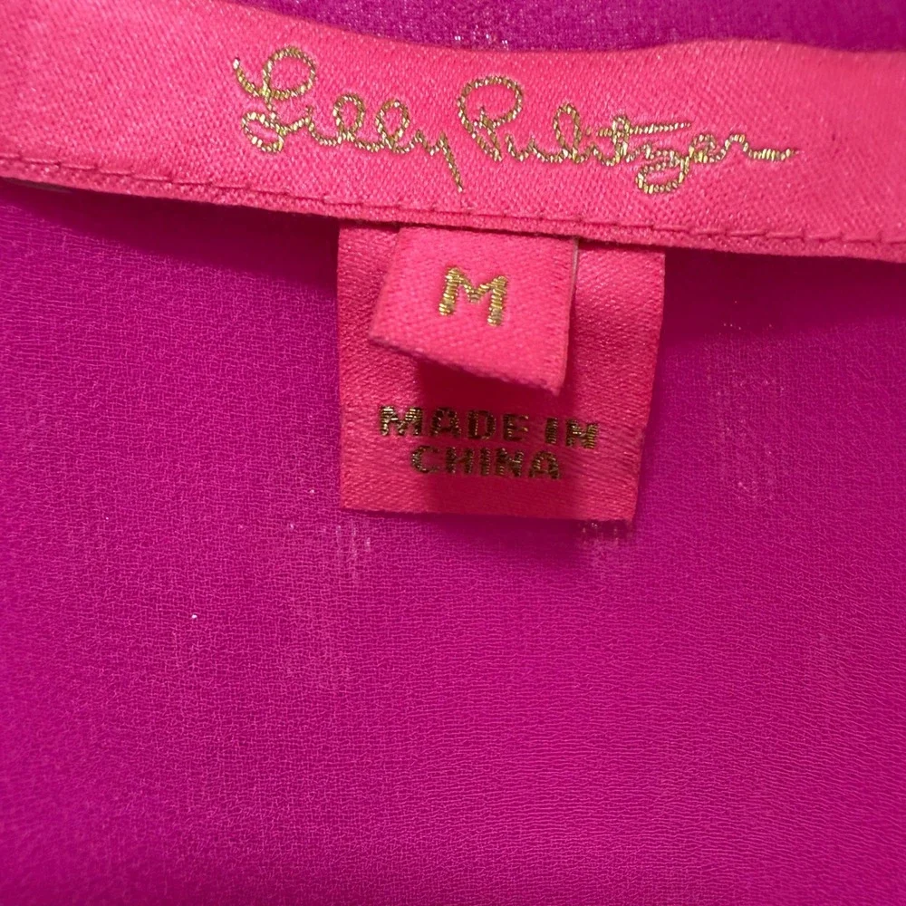 Lilly Pulitzer Pink Gold Metallic Silk Blend Smocked Puff Sleeve Blouse Medium